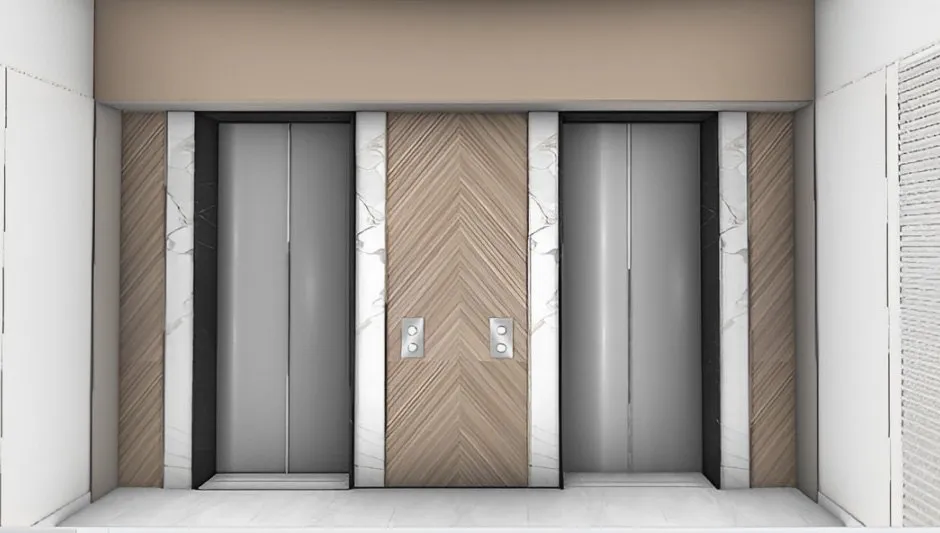 Lift lobby render with herringbone timber veneer between two lift doors and white marble walls