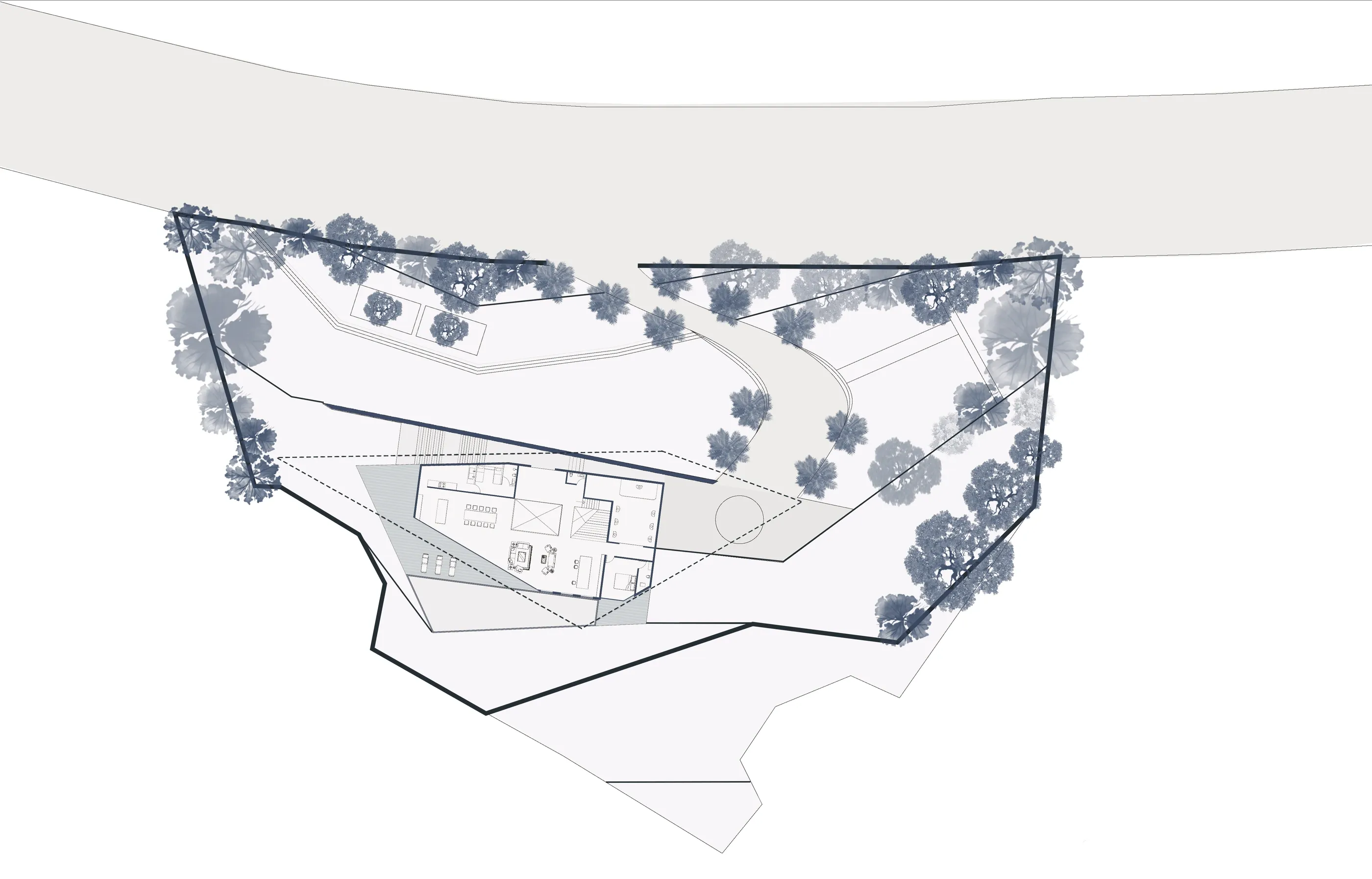 Site plan showing the access road, car lift, pebbled pathway, flower garden, deck and yoga pavilion around the house