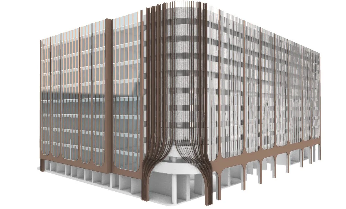 Podium massing option one, a rectilinear base with shop fronts, parking and separate residential entry