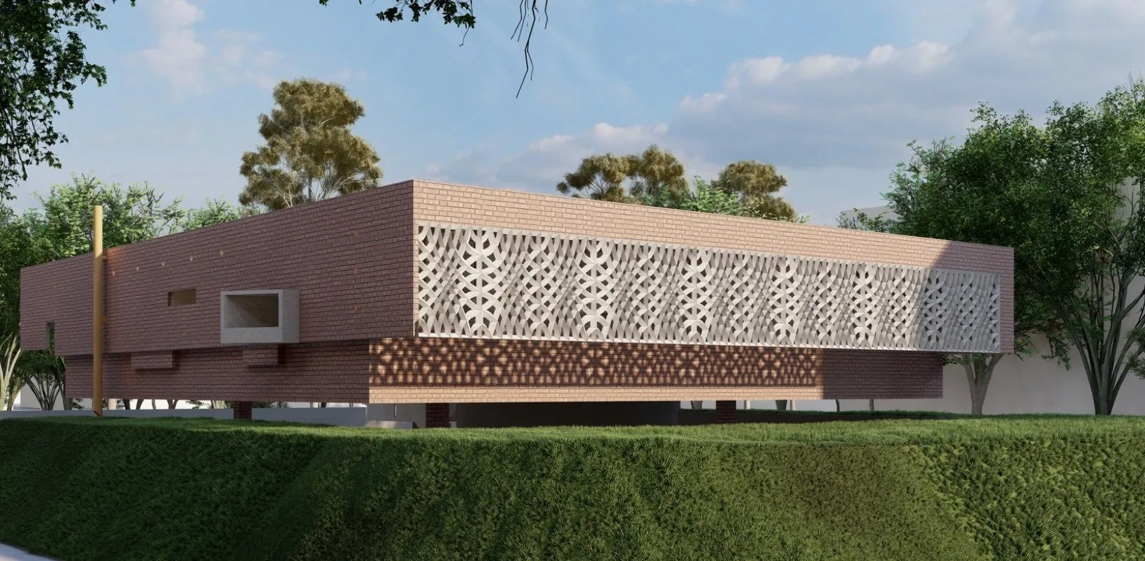 Render of a brick pavilion wrapped in the white perforated band, seen across a lawn