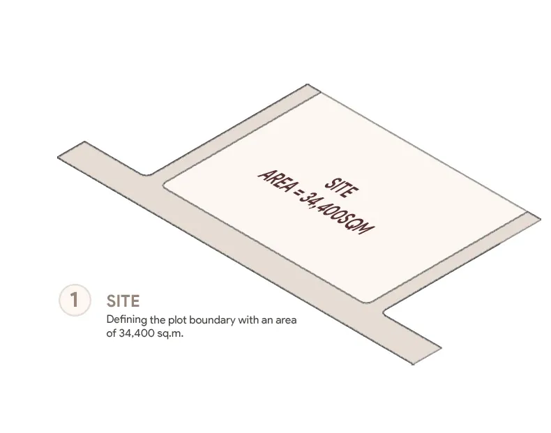 Isometric diagram of the bare site with its access road