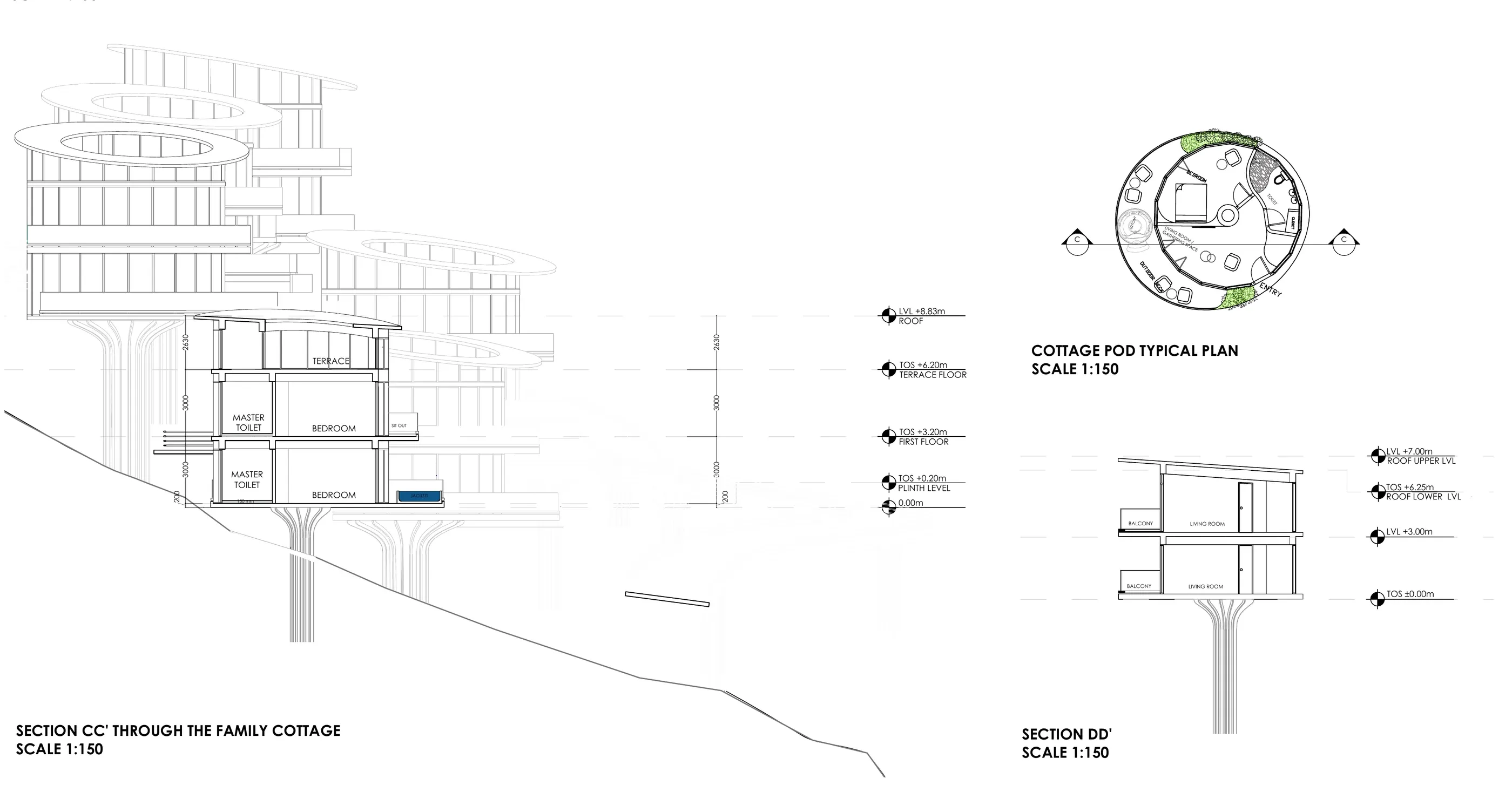 Section through the family cottage perched on the slope beside the pod typical plan and a pod section
