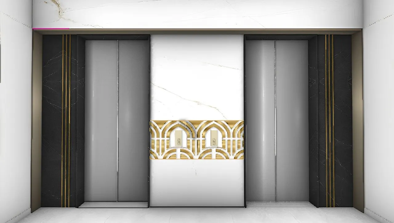 Lift lobby render in black marble with brass trims and a gilded Art Deco panel between the lifts