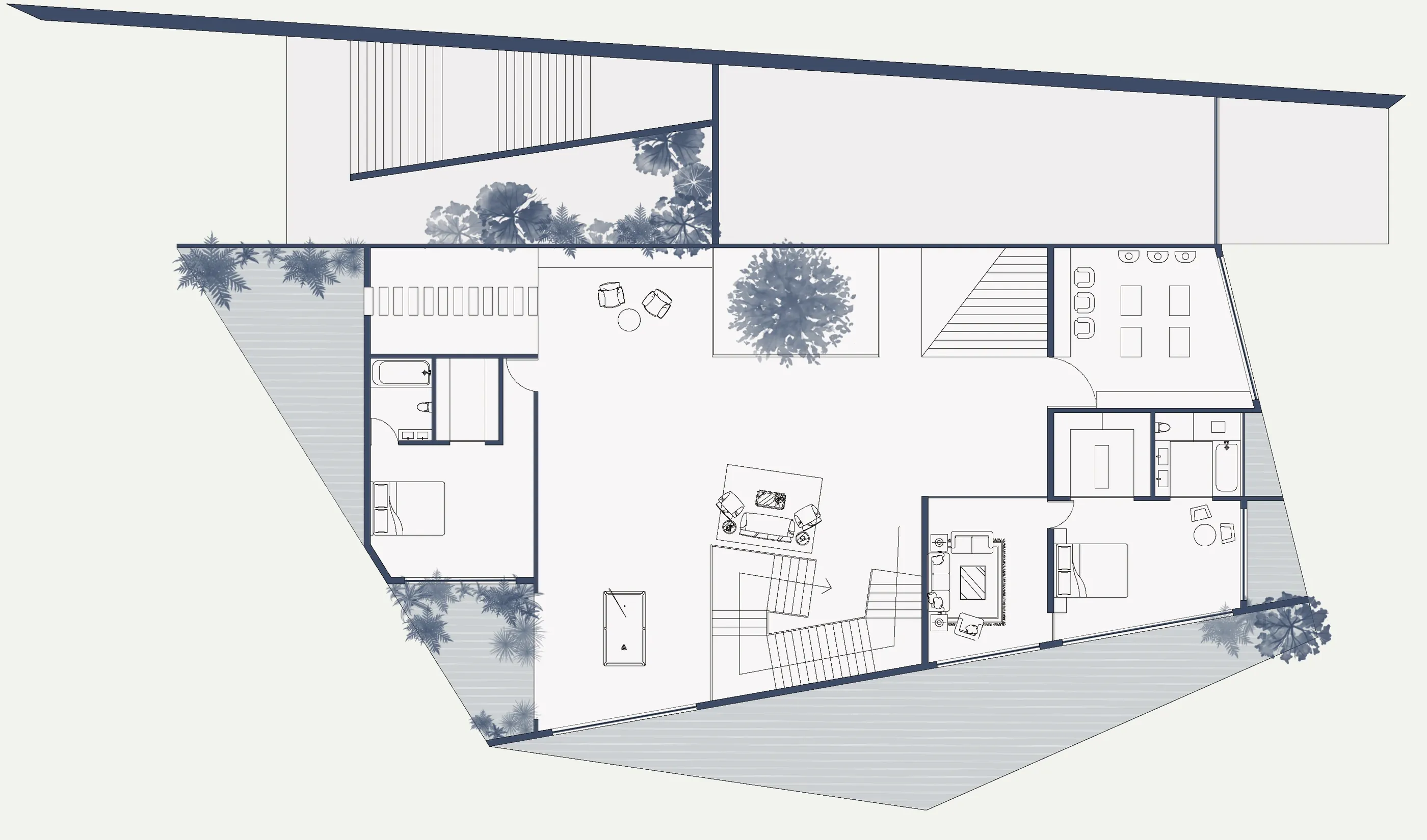 Ground floor plan with foyer, chef's kitchen, dining, living, bar, guest bedroom, display studio, deck and swimming pool