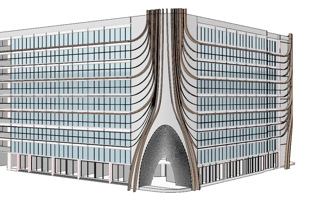 Podium massing option two, the tower's curved fins carried down to a central commercial entry