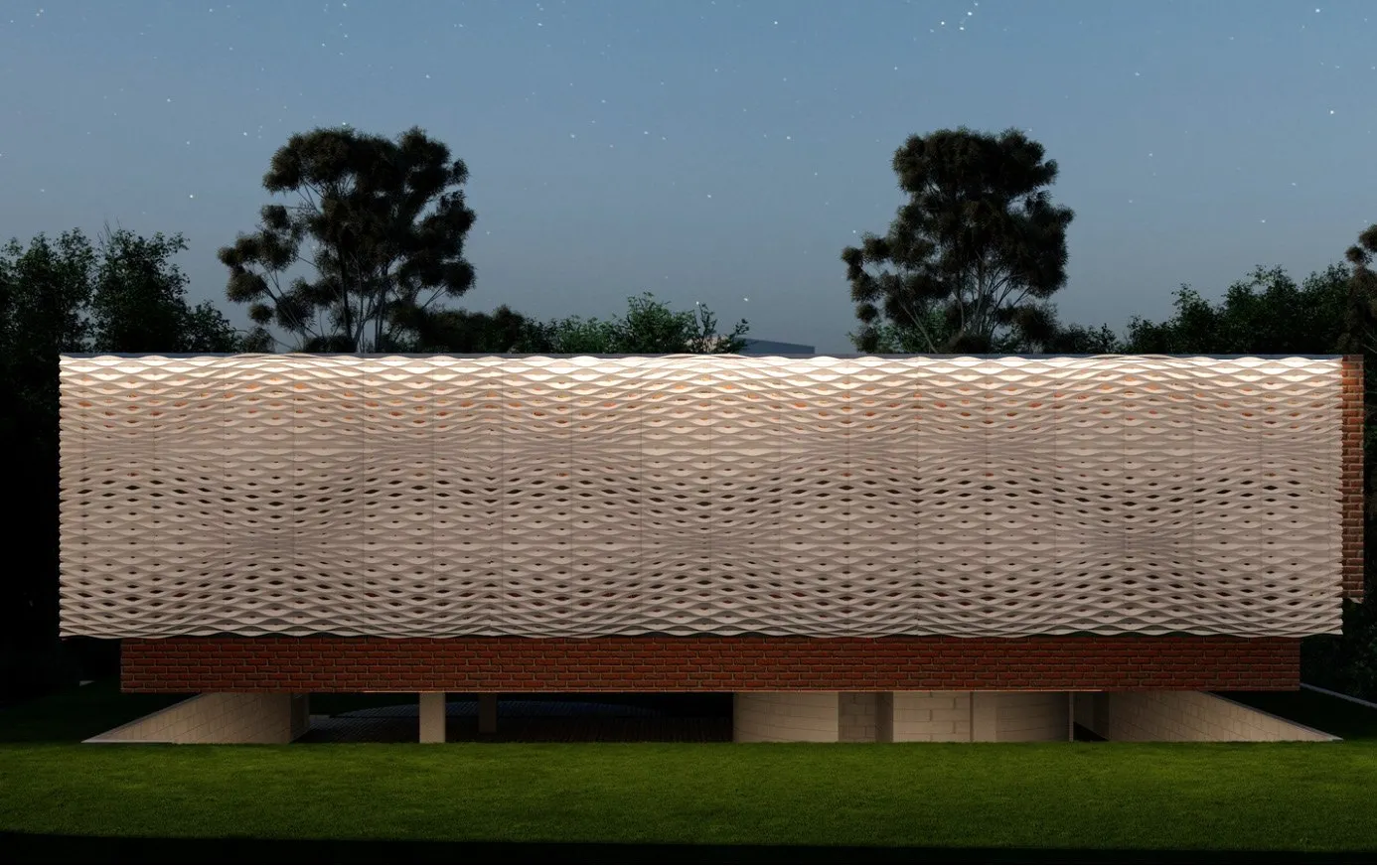 Night render of a low pavilion wrapped in a perforated precast concrete screen, lit from inside