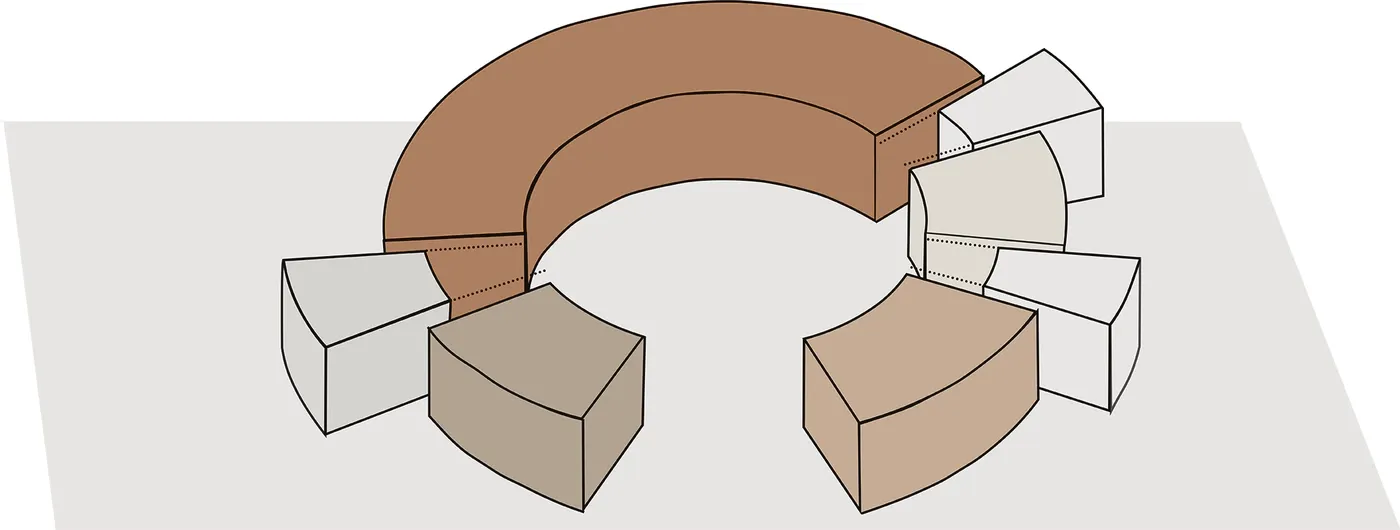 Isometric diagram with rectangular blocks pulled away from the ring
