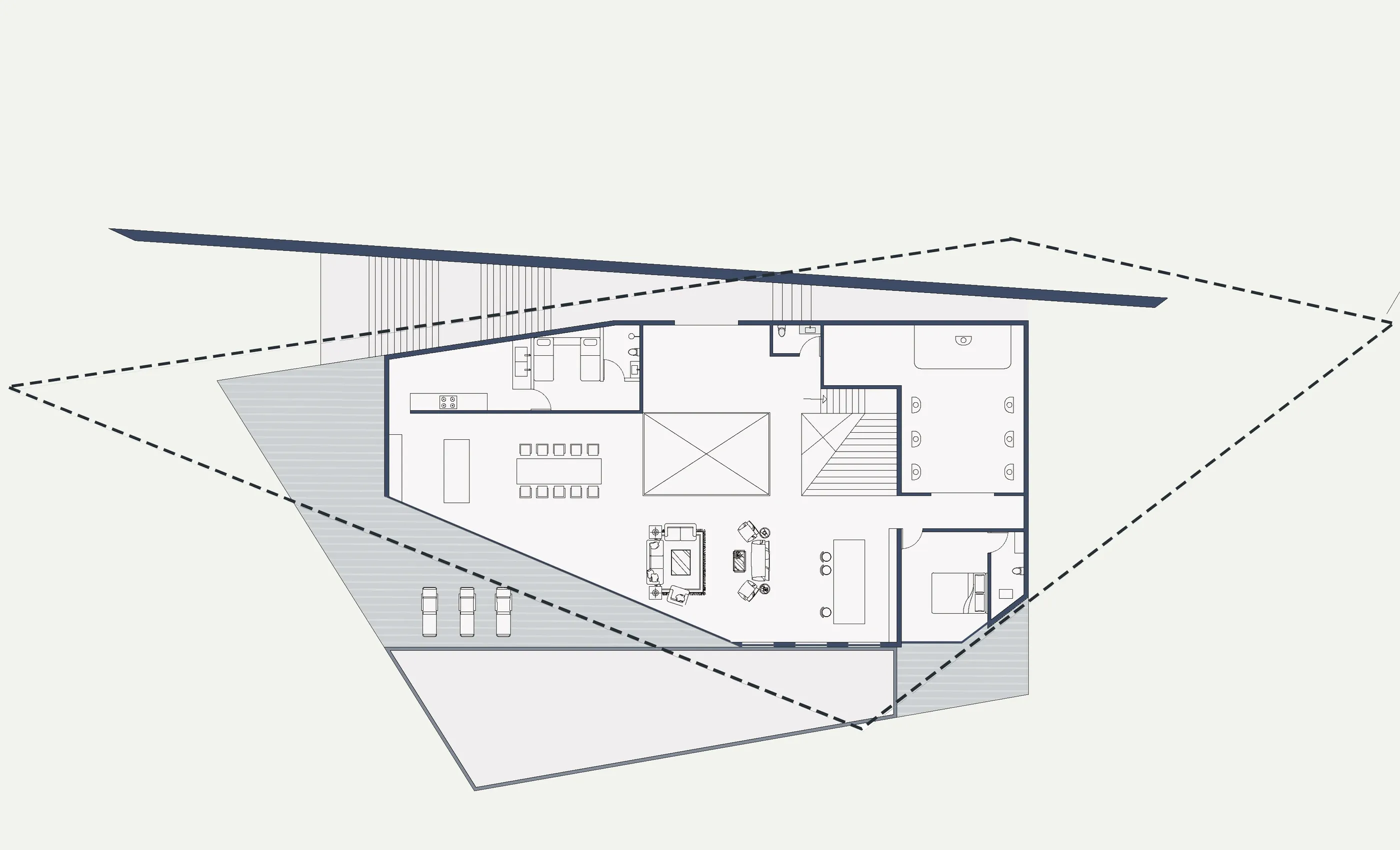 Lower level one plan with car park, courtyard, library, grandparents' room, barbeque area, family living and the designer's studio