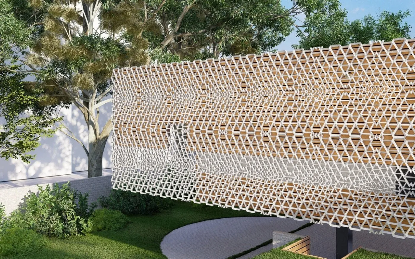 Render of a second, finer woven pattern in terracotta tones curving around a garden wall