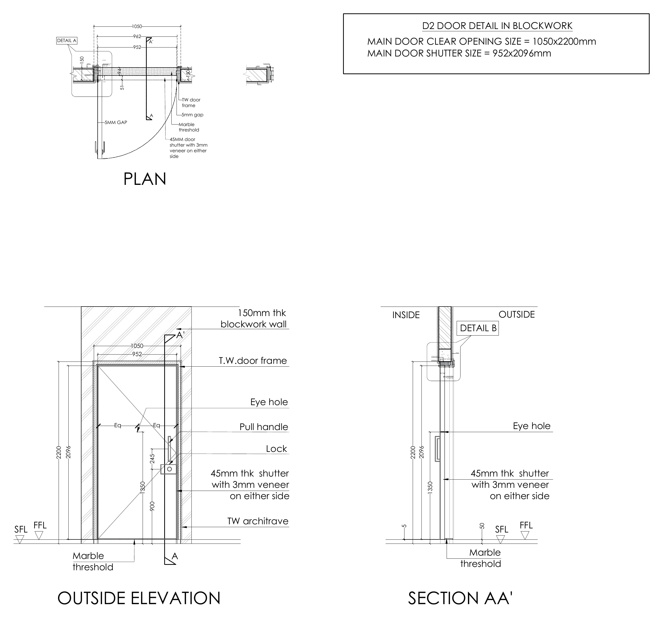 Flat entrance door D2 in plan, outside elevation and section, 1050 by 2200 clear opening