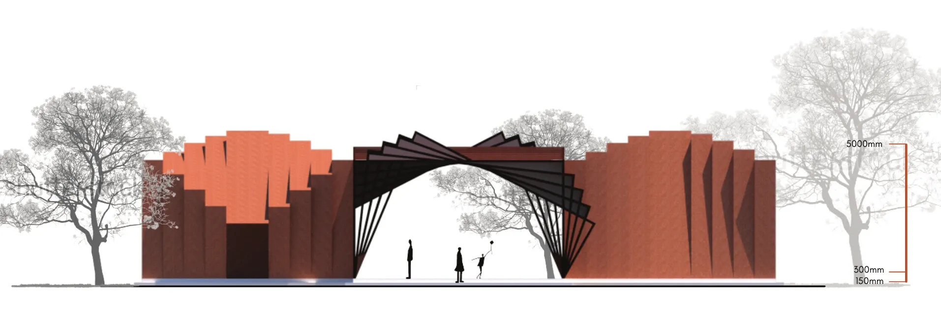Elevation of the pavilion showing the corten mass with people for scale and trees behind