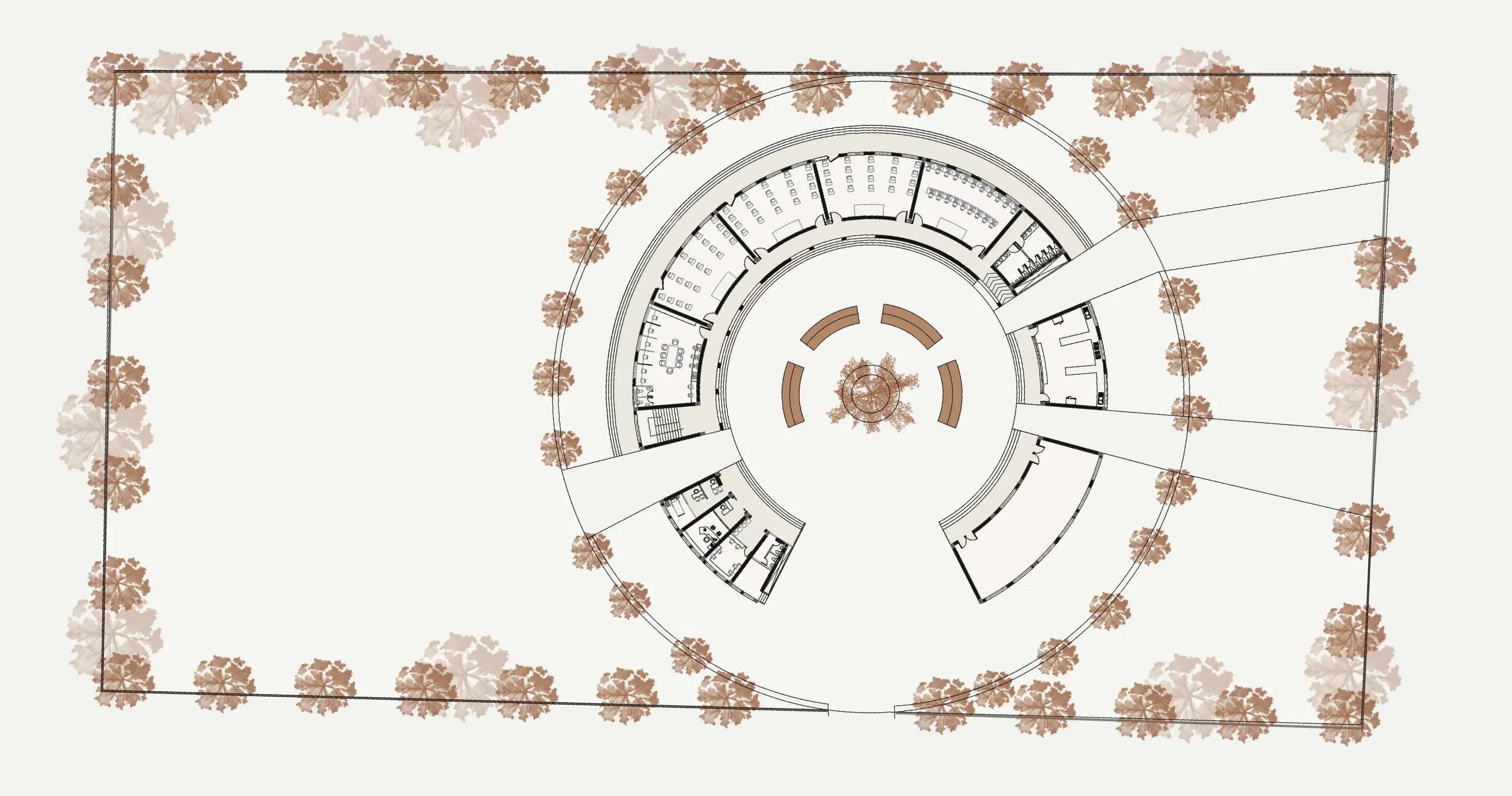 Ground floor plan of the school, a ring of classrooms around a central courtyard