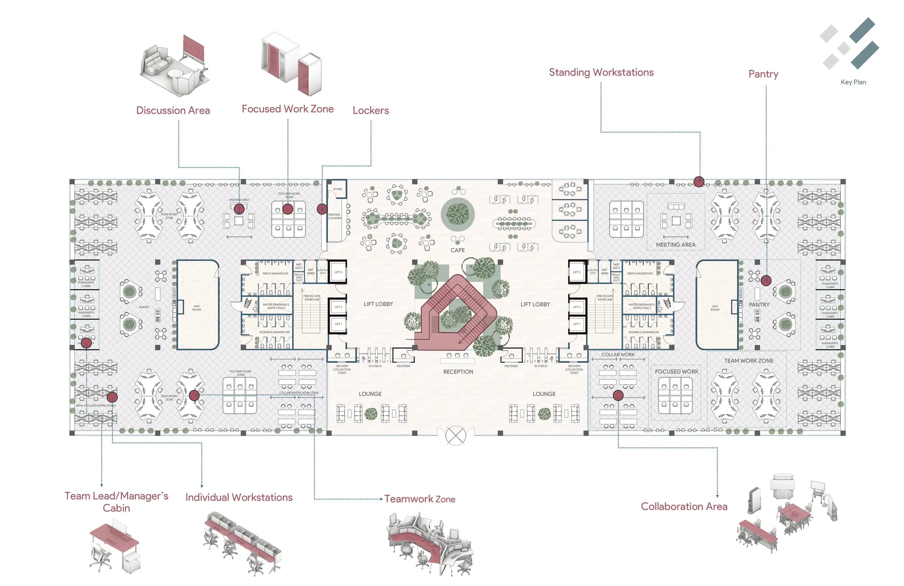 Ground floor plan with workstation types, collaboration areas, pantries and lockers annotated