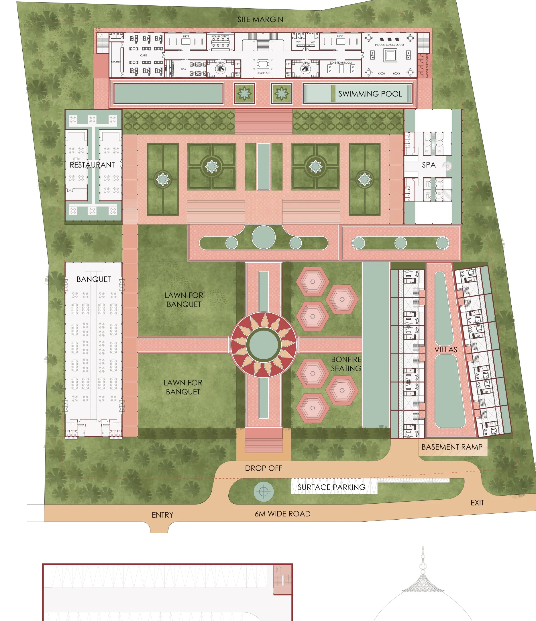 Master plan of the hotel with banquet lawns, villas, swimming pool, restaurant, spa and a formal four-part (charbagh) garden at the centre