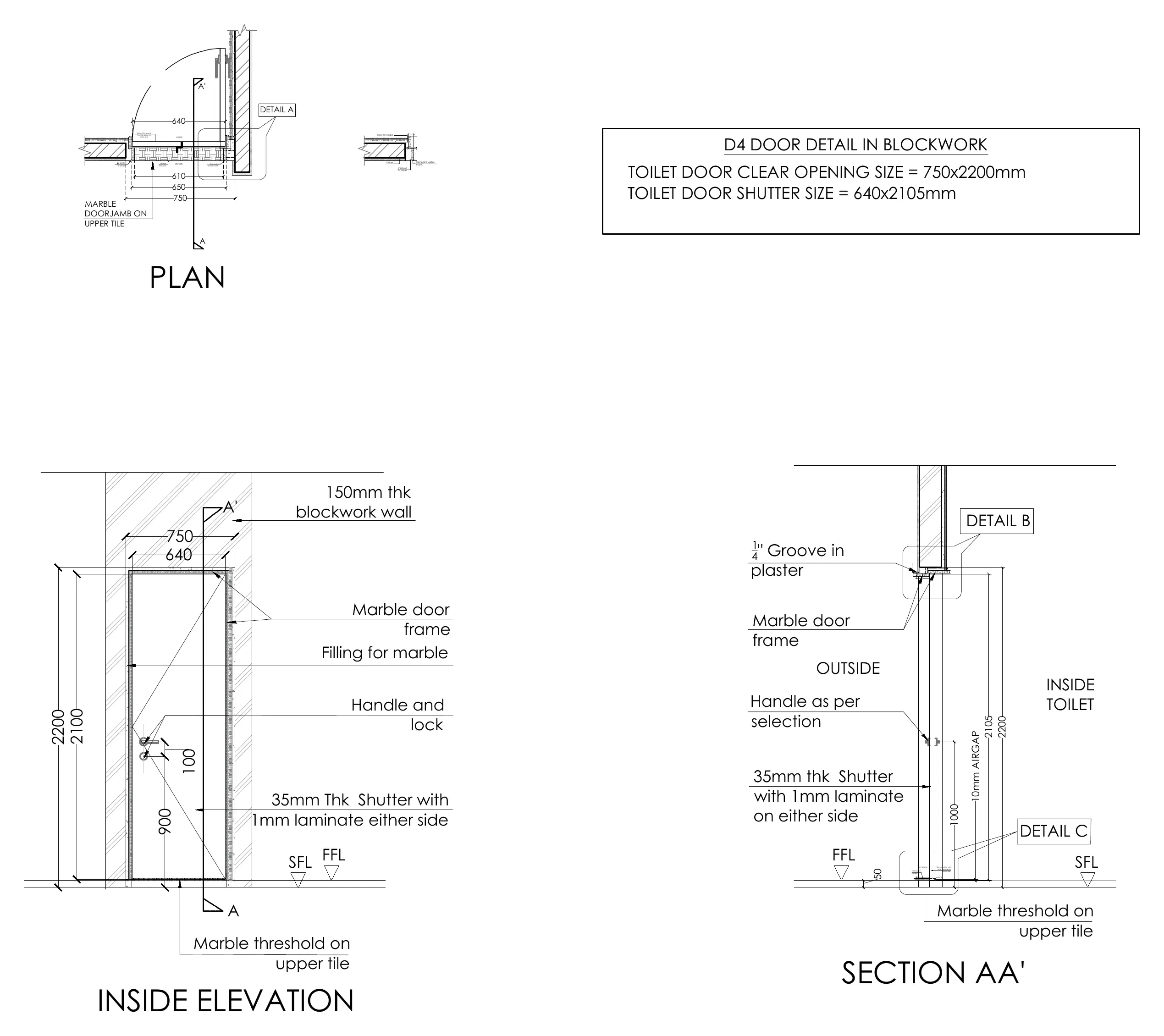 Toilet door D4 in plan, inside elevation and section with marble frame and threshold