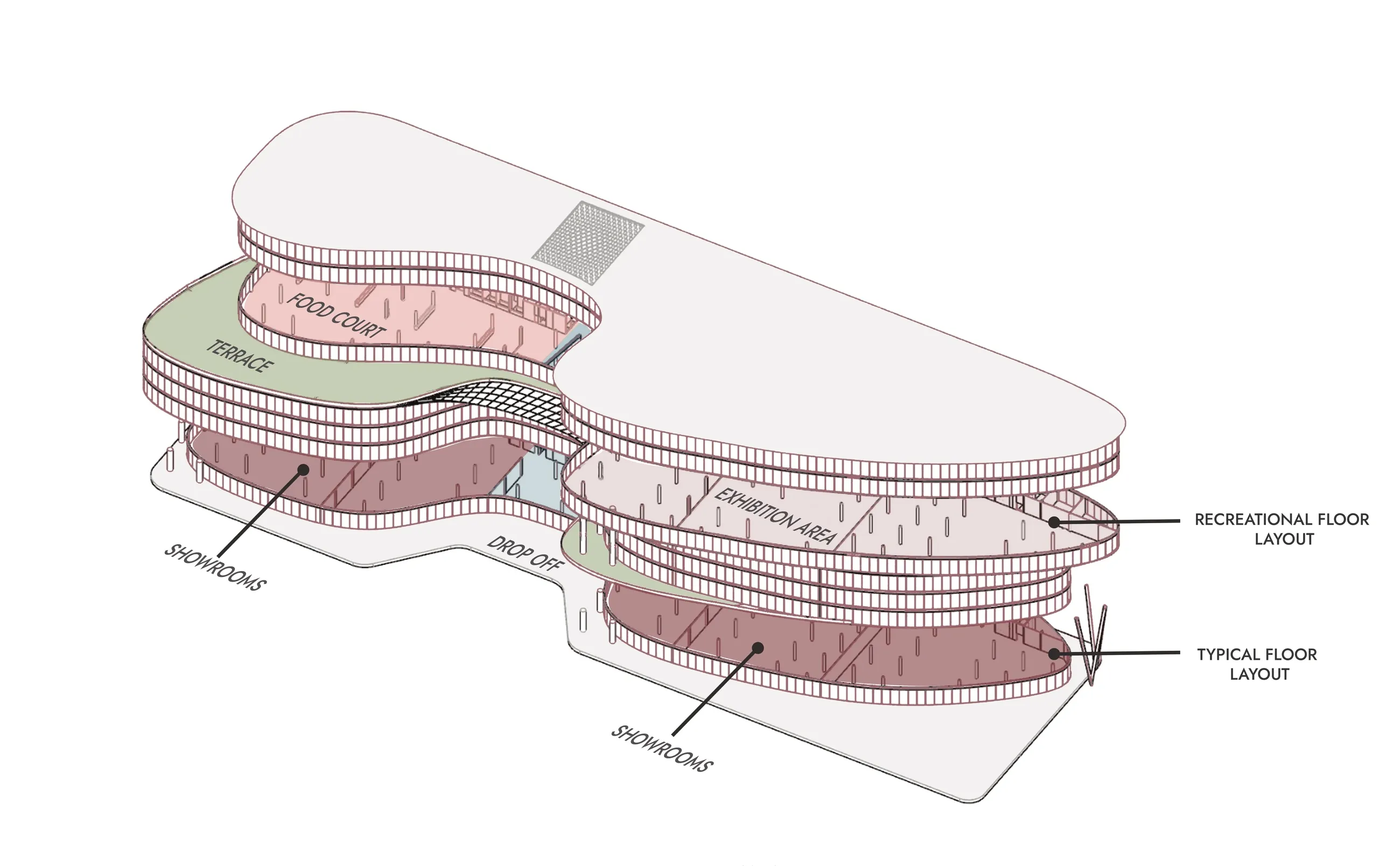 Exploded axonometric separating the recreational floor, typical showroom floors and the driveways that wind between them