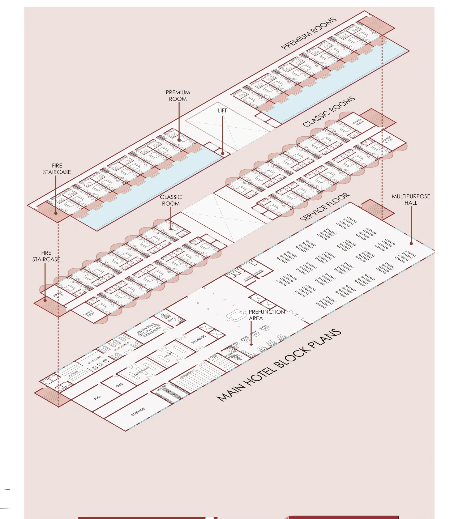 Isometric plans of the main hotel block showing premium and classic room layouts