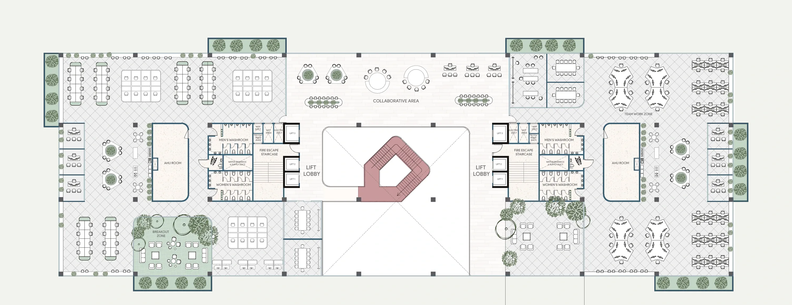 First floor plan showing workspace bays either side of a planted central core