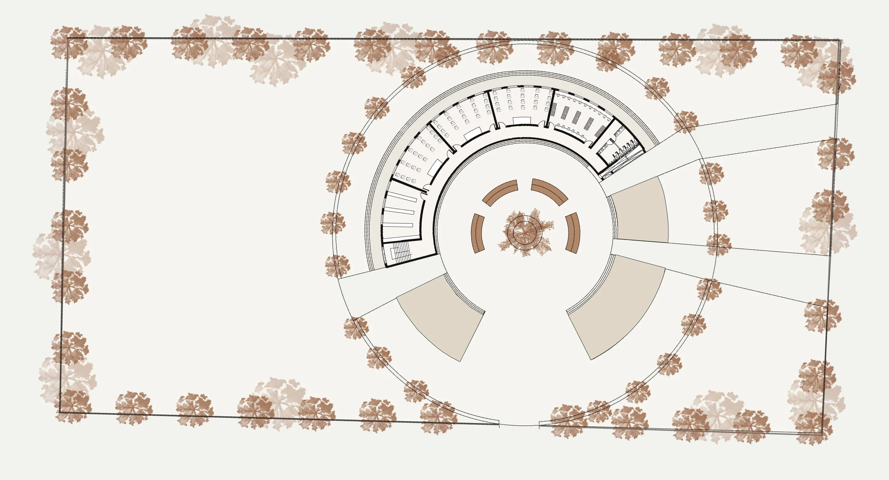 First floor plan showing the upper ring of classrooms and the open courtyard below