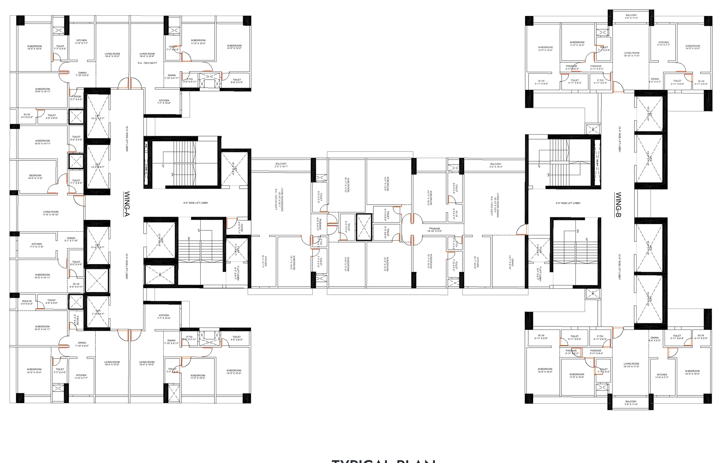 Typical floor plan of the two wings with lift lobbies, flats and balconies