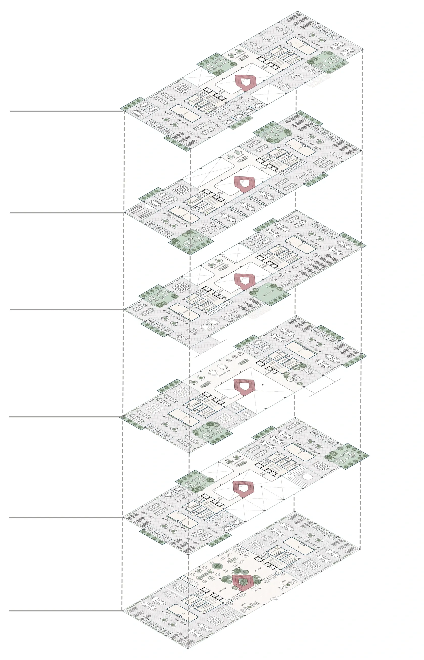 Stacked isometric drawing of all six floor plates, from ground to fifth floor