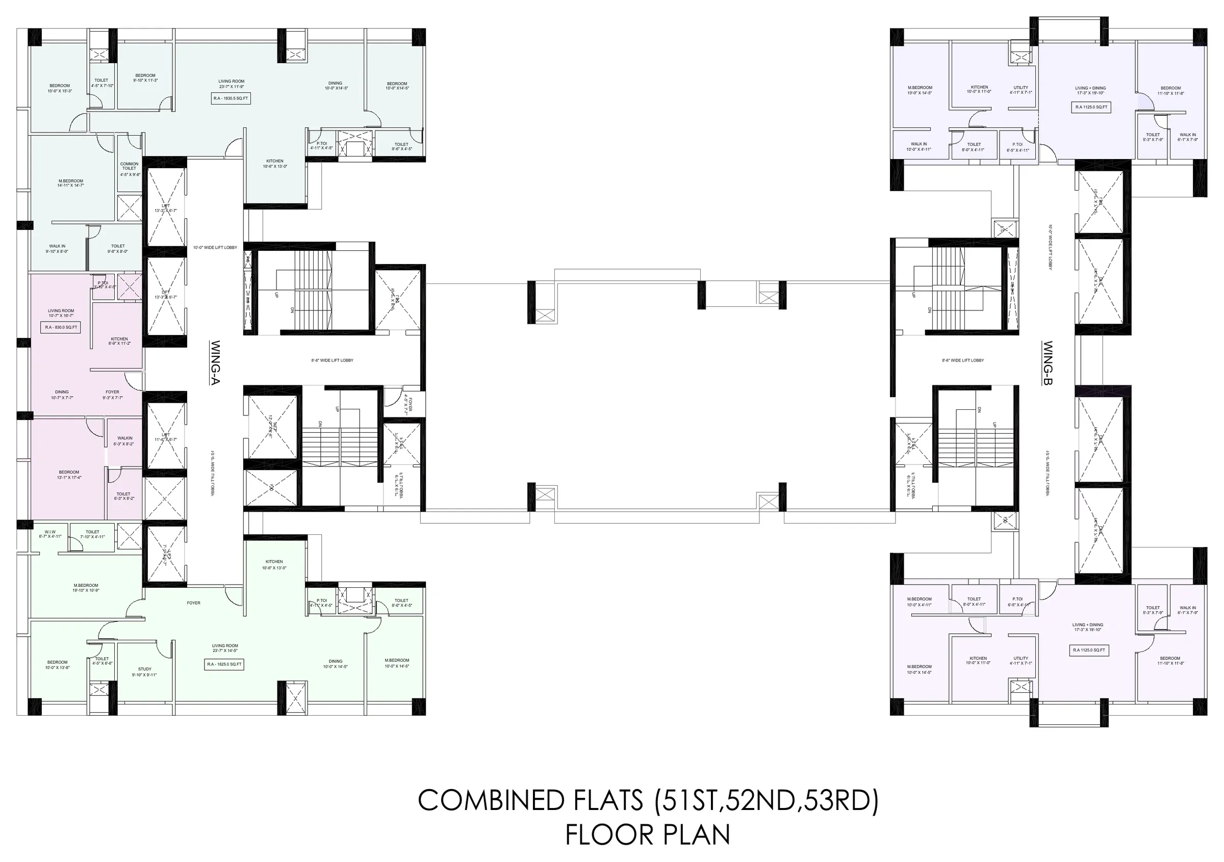 Floor plan of the combined flats on floors 51 to 53, units tinted by type