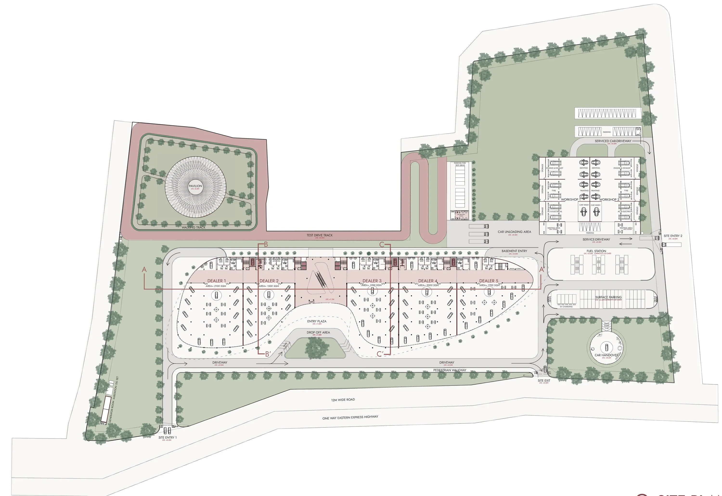 Master plan of the campus with the mall, workshop, parking and landscape