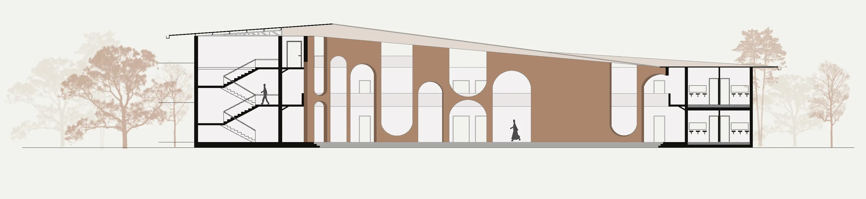 Section AA' through the school showing arched openings and floor levels