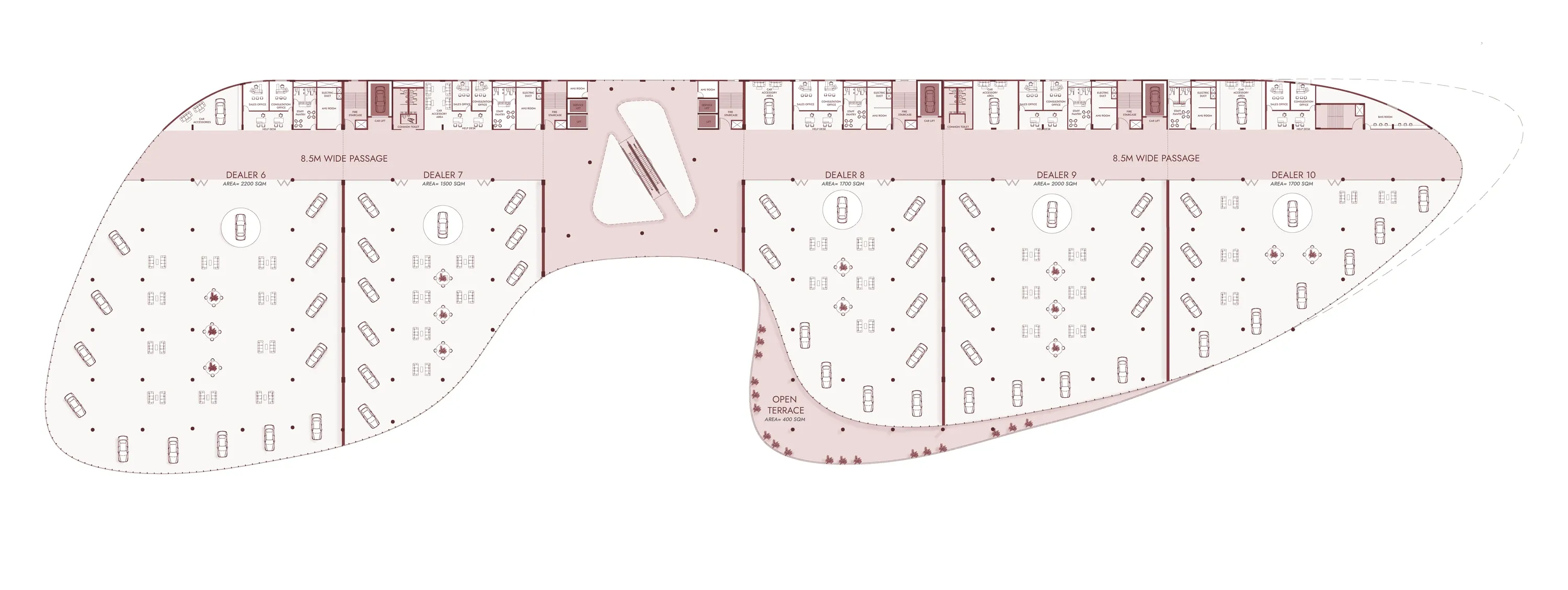 First floor plan of the curved building with modular showroom bays