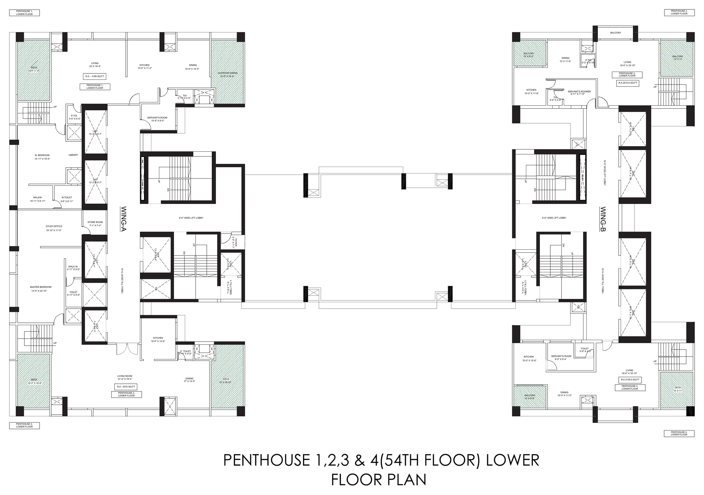 Lower floor plan of the four penthouses on floor 54 with terraces