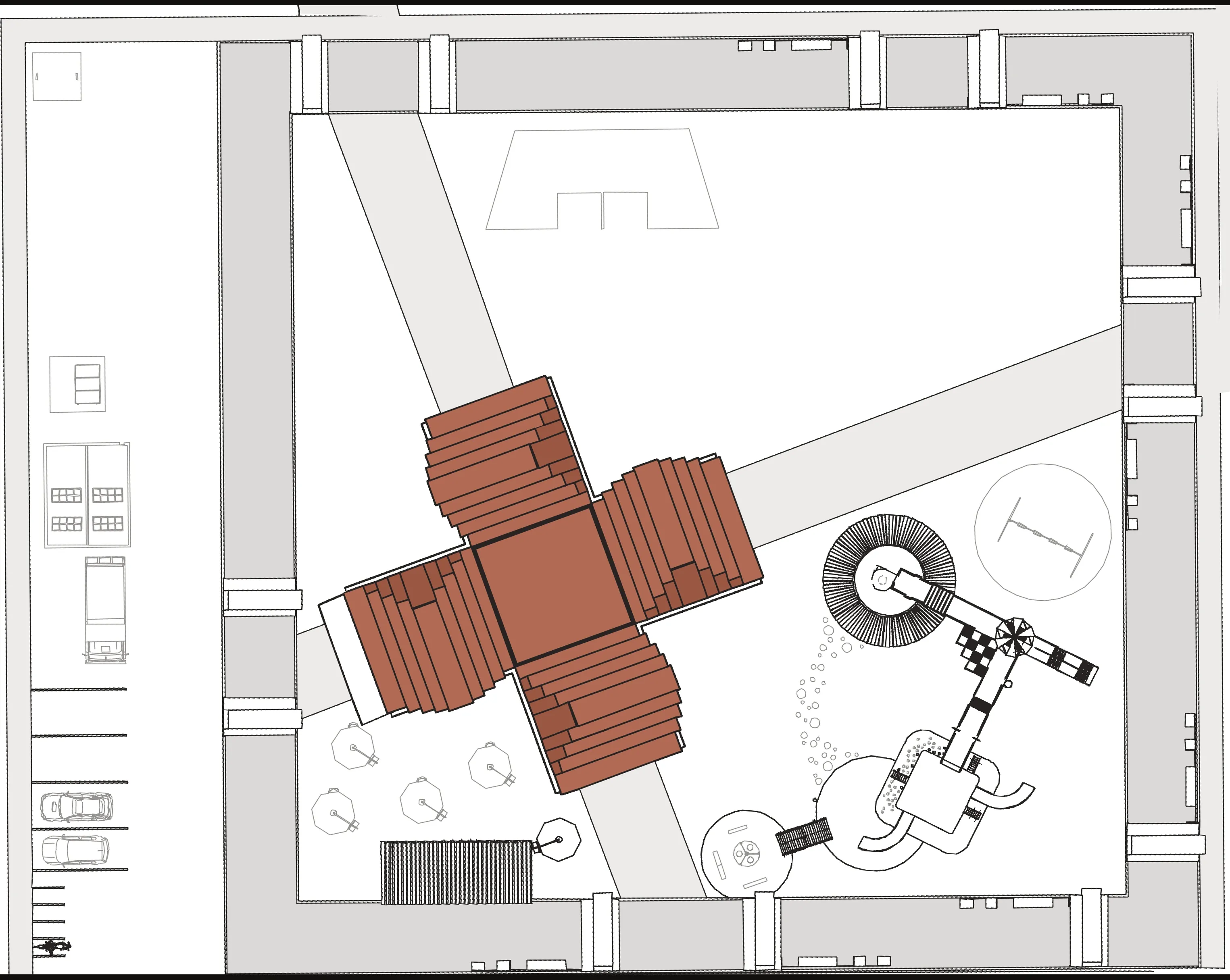 Site plan of Gaondevi Ground showing the cross-shaped market pavilion at the centre, a service strip of parking and storage along the west edge, and a yoga park, play area and food stalls to the east