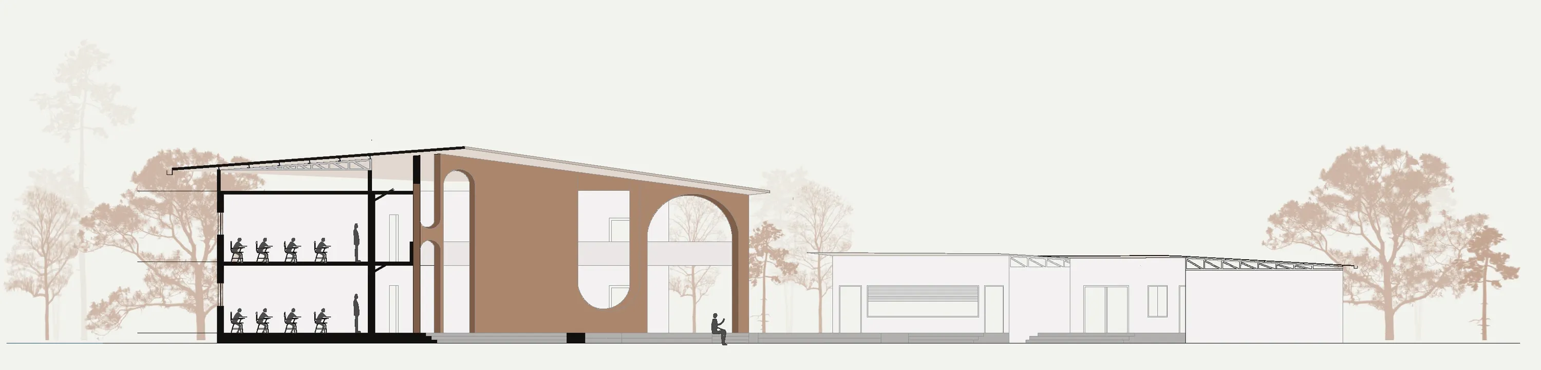 Section BB' through the courtyard and the multipurpose hall