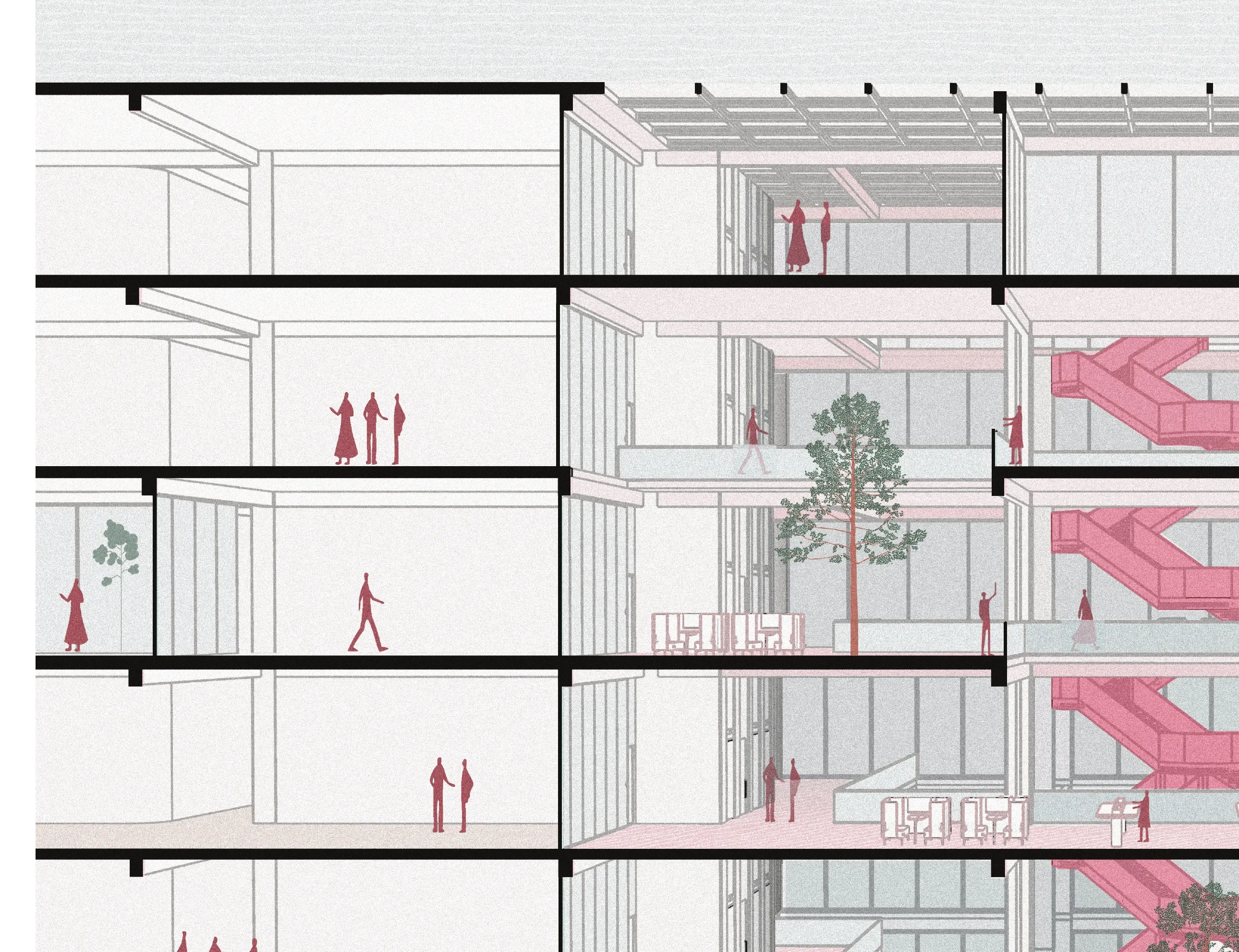 Long section through the building showing a full-height planted atrium, sculptural stairs and people occupying every floor