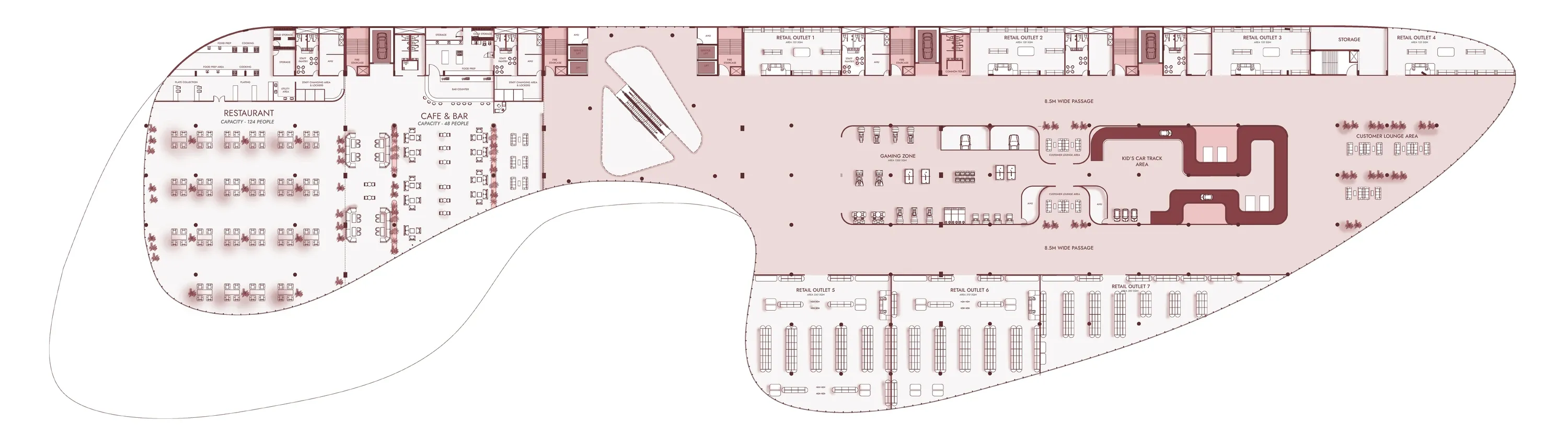 Fifth floor plan showing the recreational level with food court and events space