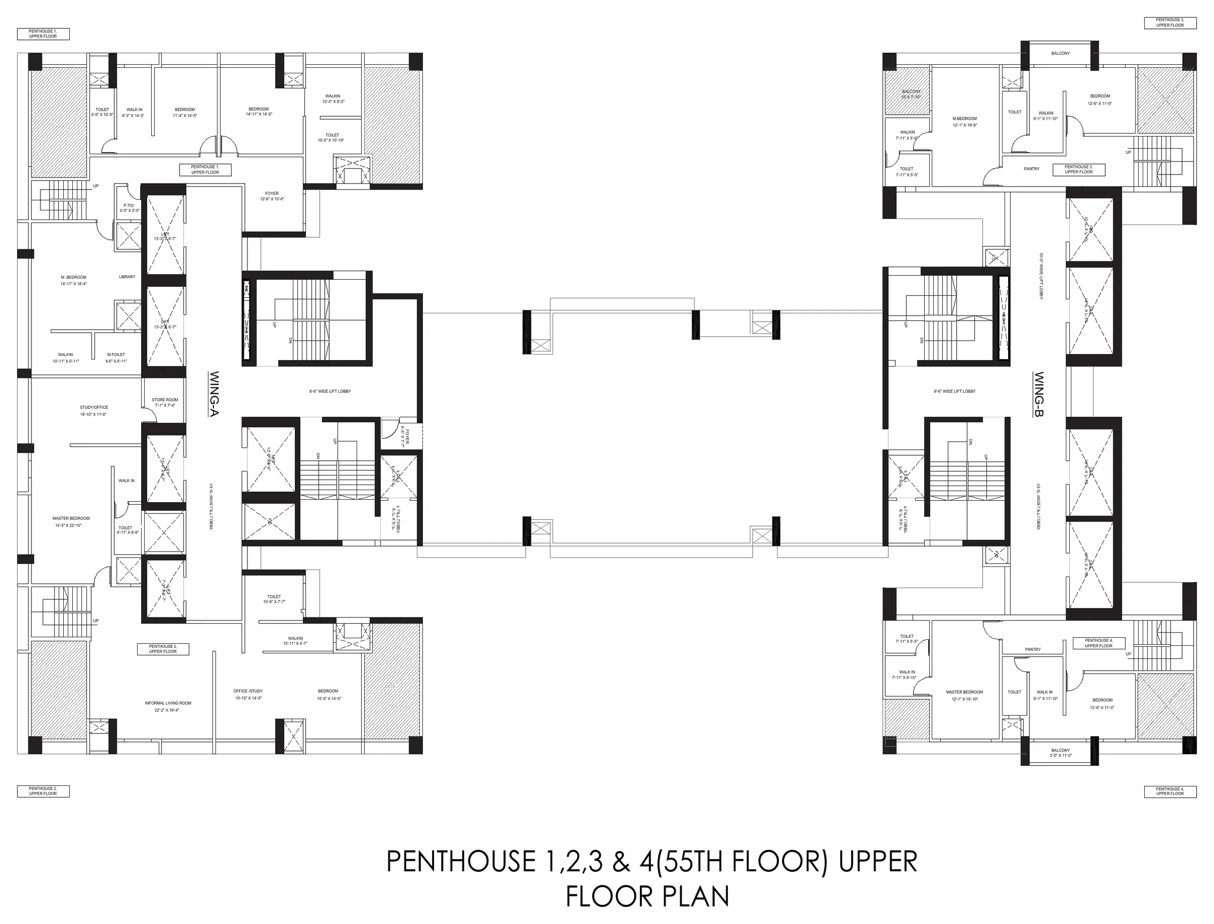 Upper floor plan of the four penthouses on floor 55