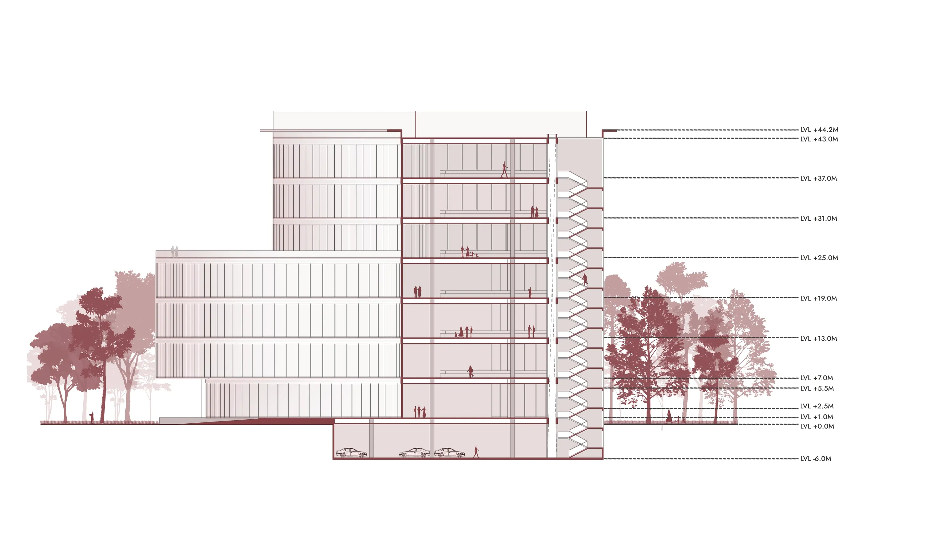 Section BB' through the mall showing six floors and the central void