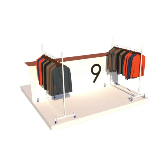 Isometric drawing of the accessories stall with hanging rails of clothing