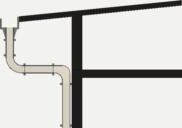 Section detail of the rainwater harvesting gutter and downpipe at the roof edge
