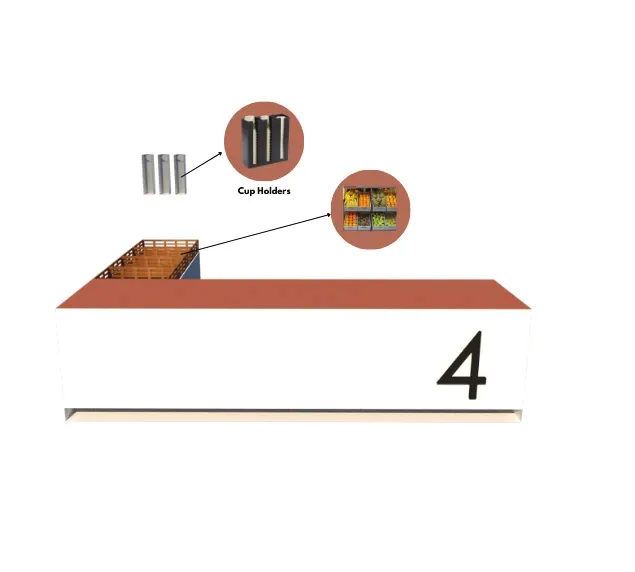 Isometric drawing of the juice stall with a counter and cup holders