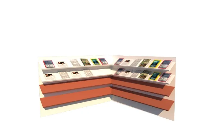 Isometric drawing of the newspaper and magazine stall with angled display shelves