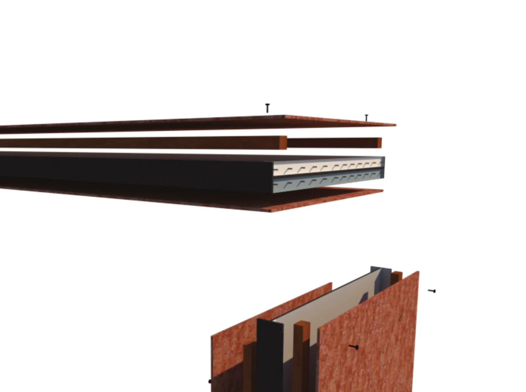Exploded view of a roof panel showing the 8 mm corten sheet, wooden batten, fabricated I-section, steel base plate and 8 mm screw