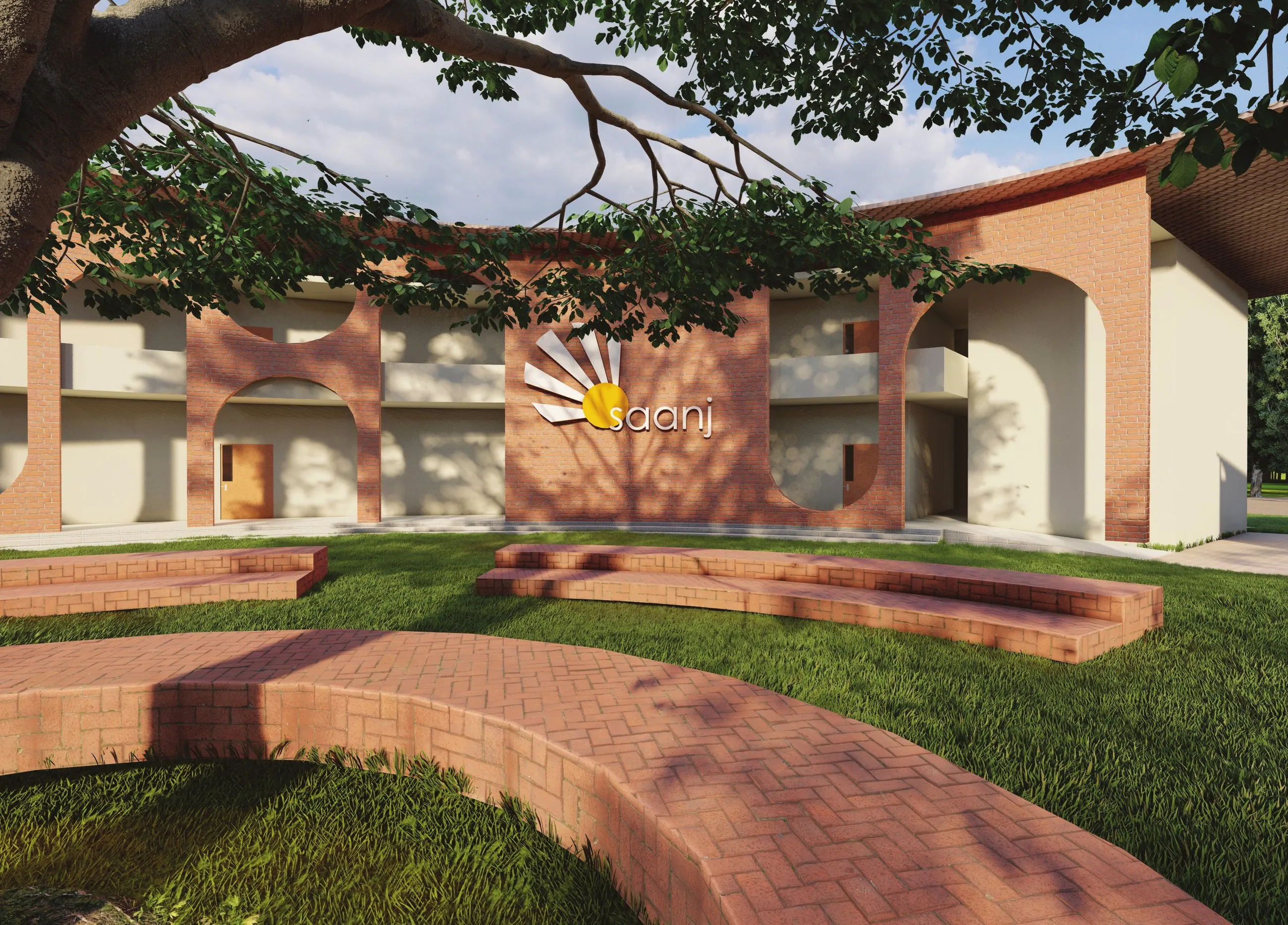 Render of the Saanj school courtyard, a brick arcade curving around a planted lawn