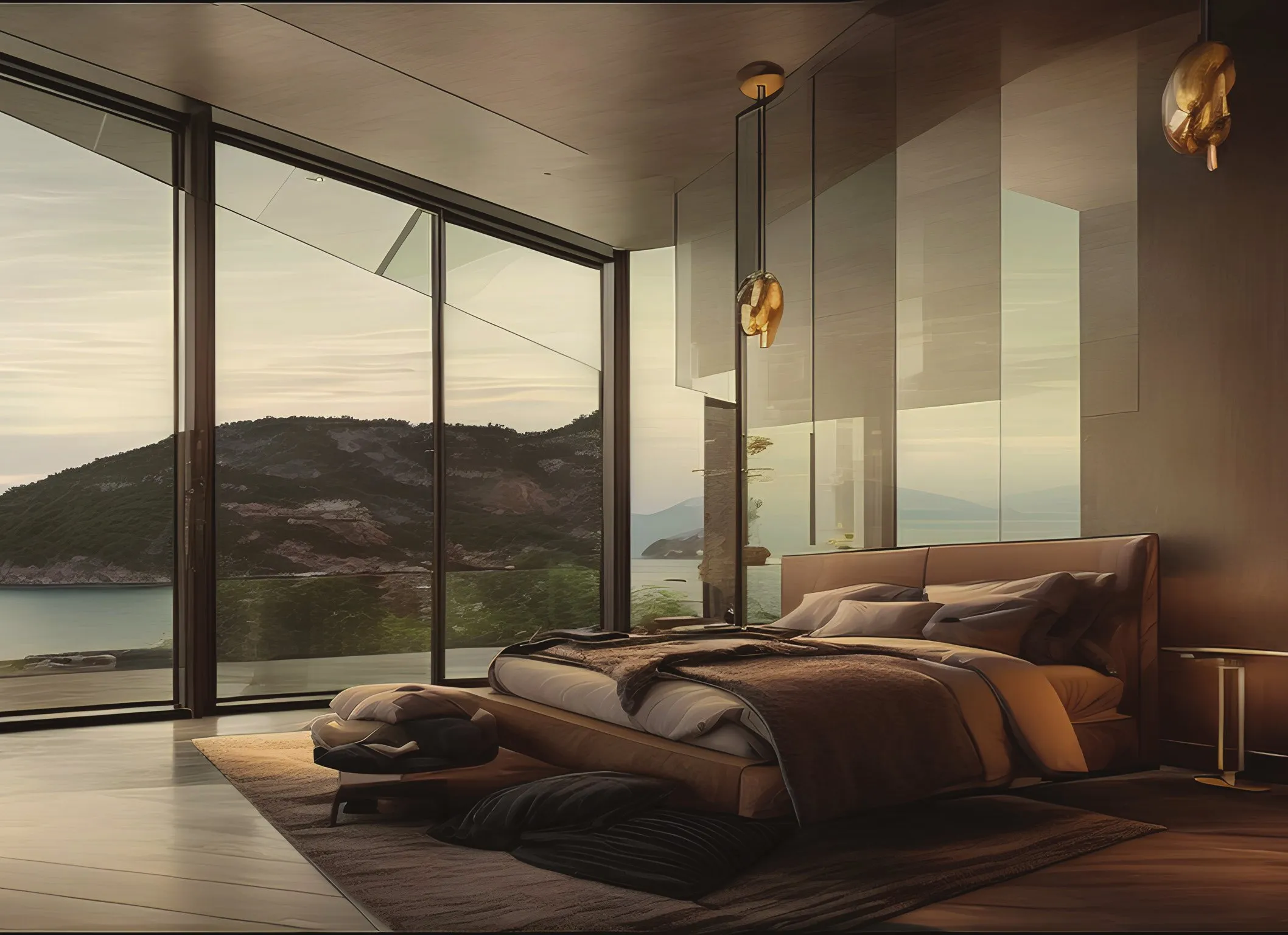 Interior render of a bedroom with floor-to-ceiling glazing onto the headland