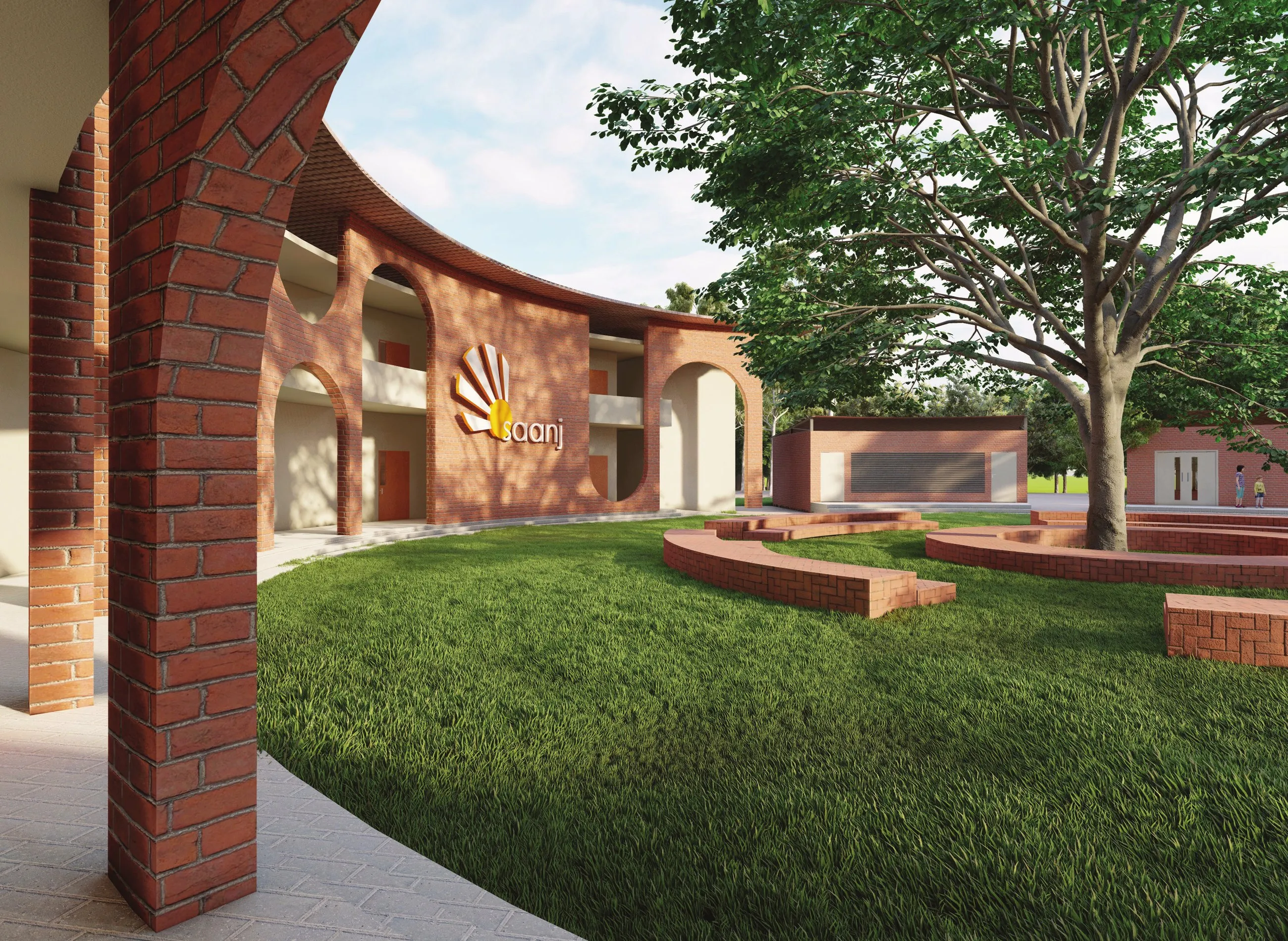 Render looking through a brick arch into the planted school courtyard