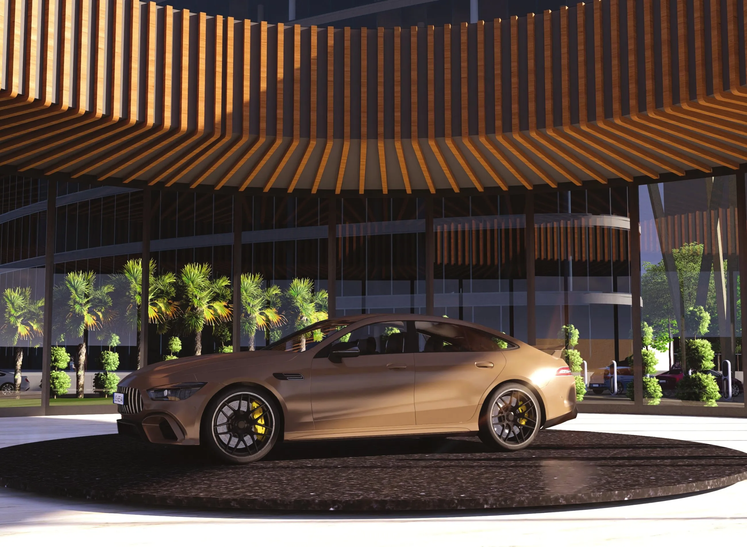 Render of a car on a turntable under a ribbed timber ceiling in the showroom