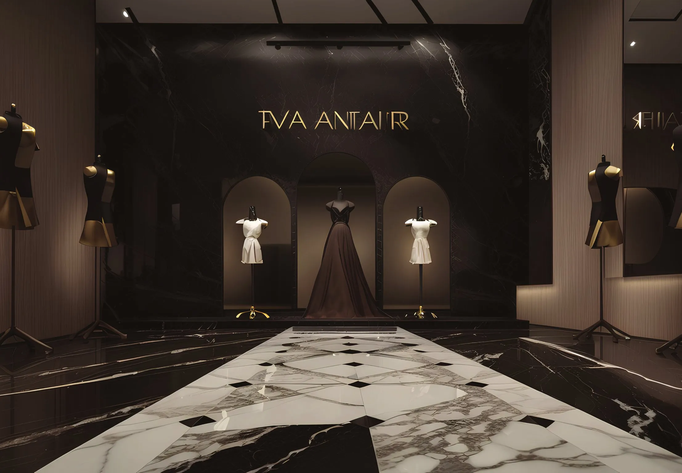 Interior render of the display studio, a dark marble gallery with dressed mannequins under spotlights