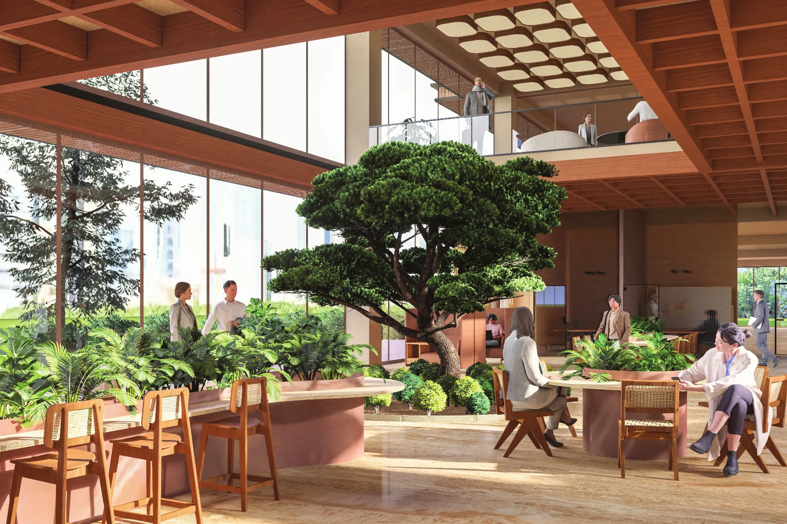 Interior render of a lounge with a large tree, timber ceiling and informal seating