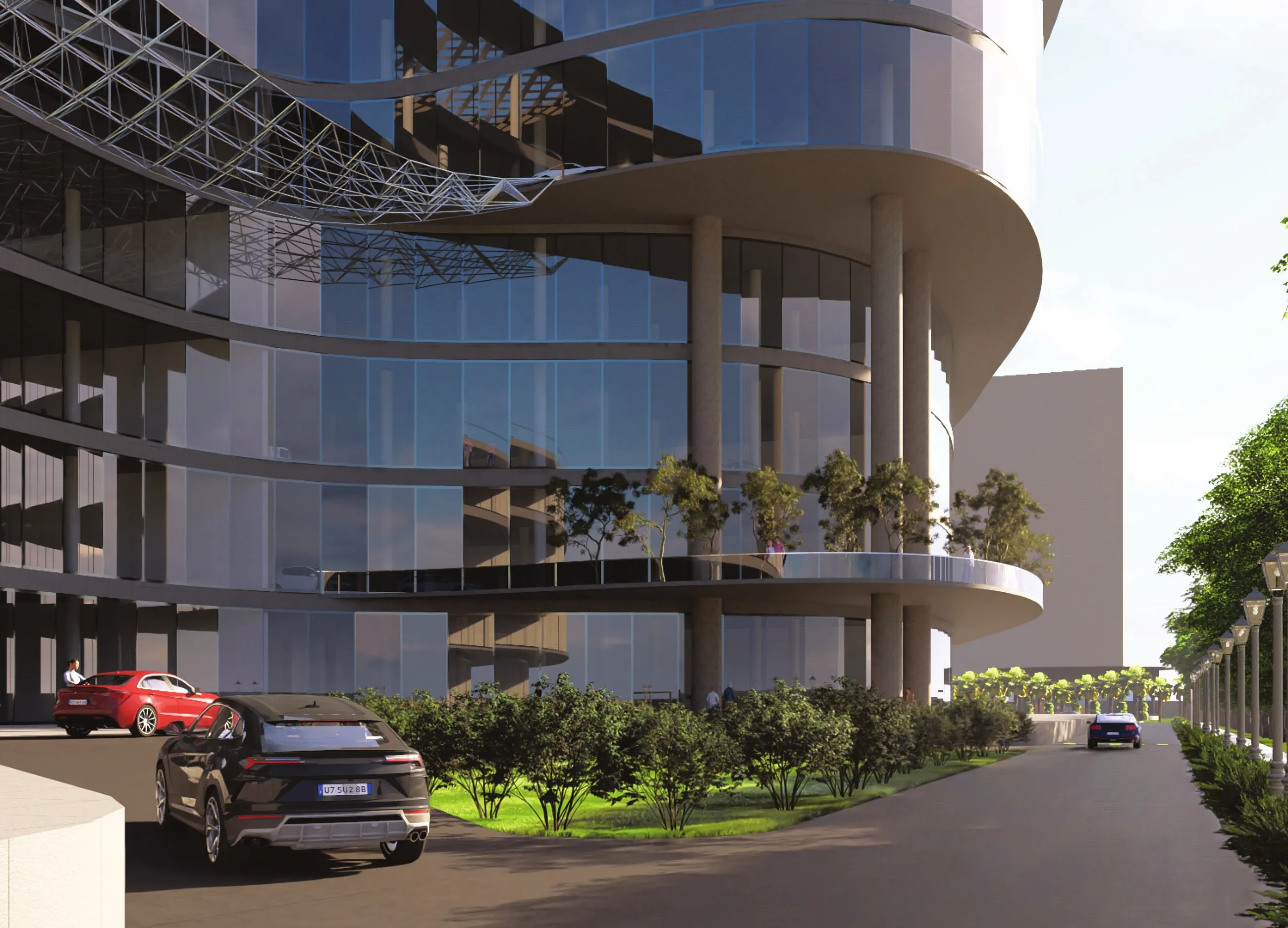 Render of the drop-off under the curved canopy with cars arriving