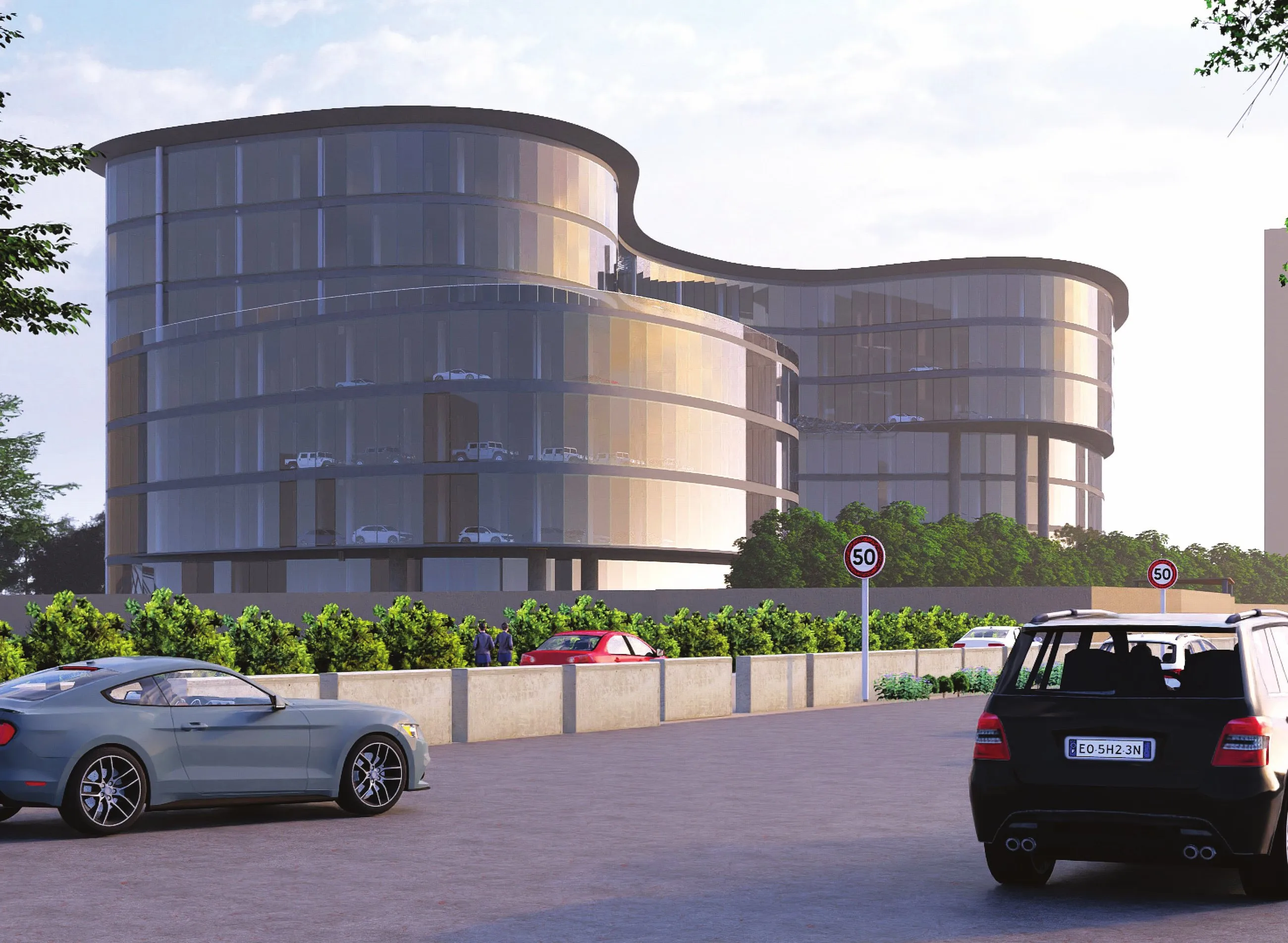 Render of the curved car mall seen from the street, cars passing in front