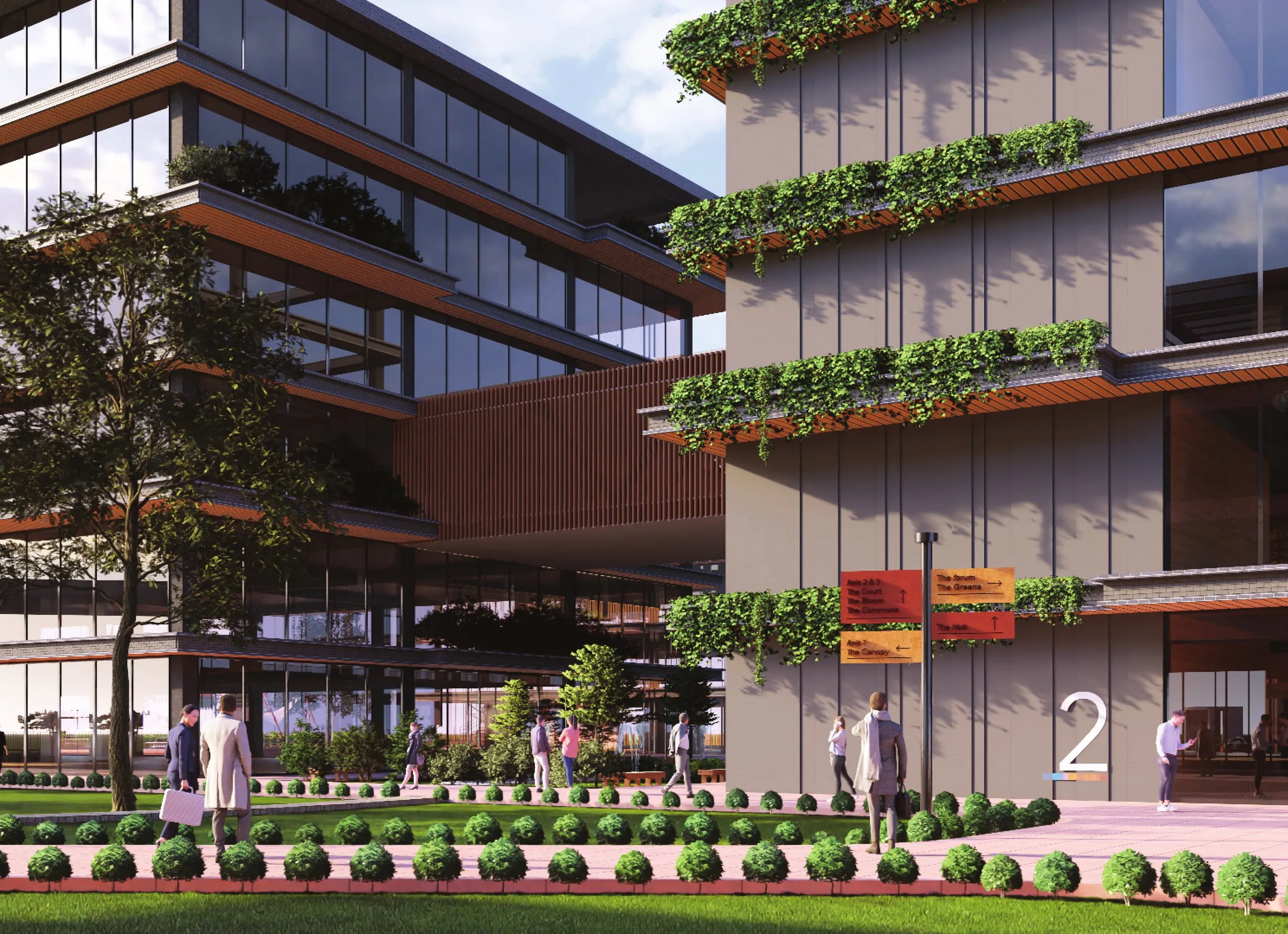 Exterior render of the campus facade, every floor carrying a planted balcony